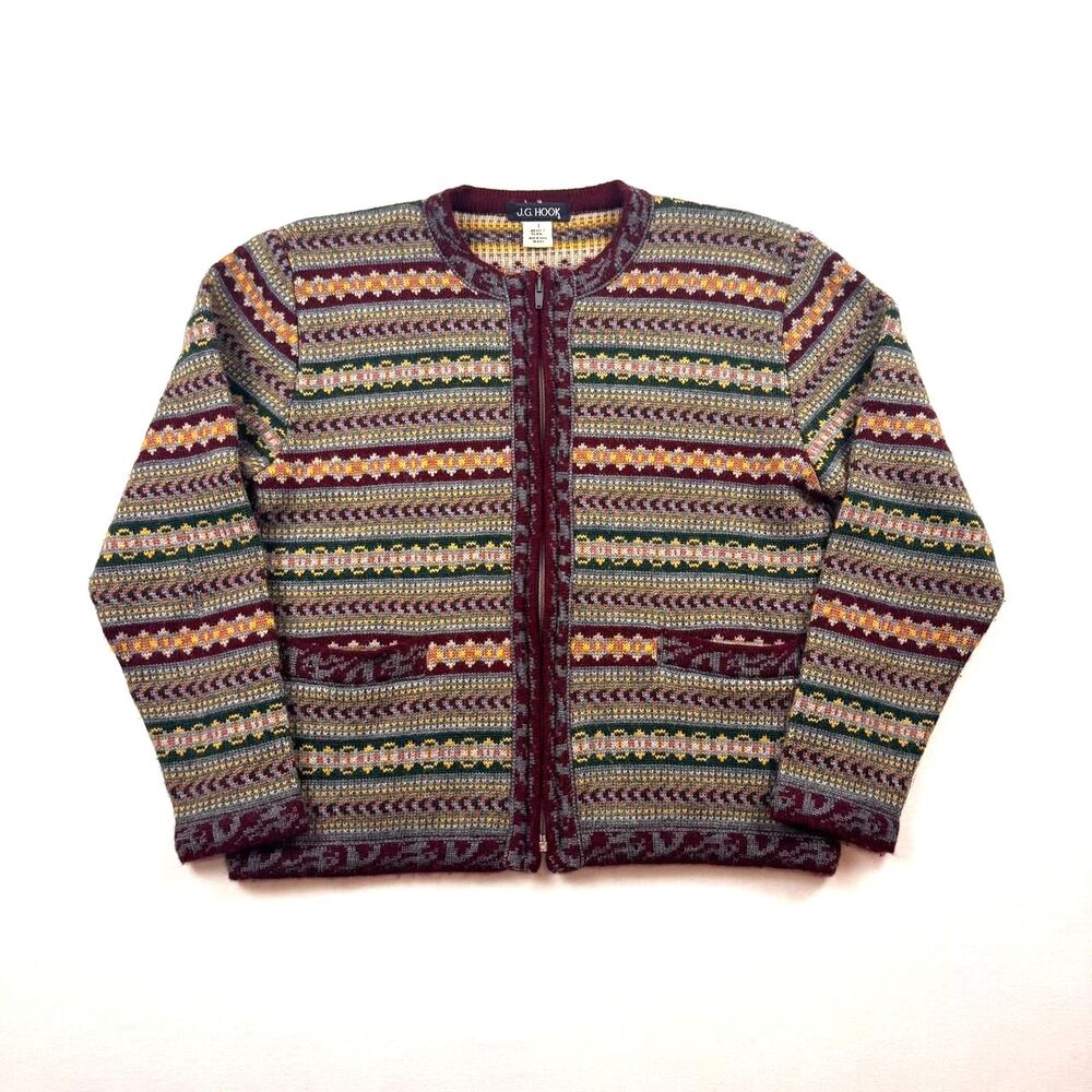 Vintage Colorful Earth Tone Zip Up Women’s Sweater Wool Blend Fair Isle Size S